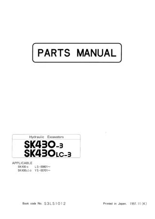 Kobelco SK430-3 Crawler Excavator Parts Catalogue Manual SN LS-00801 and up