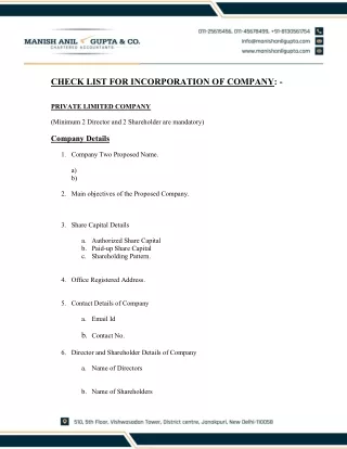 Check List for Private Limited Incorporation