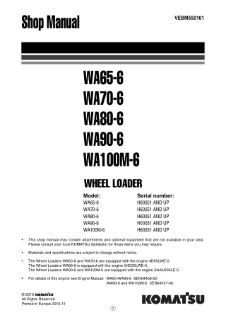 Komatsu WA70-6 Wheel Loader Service Repair Manual SN：H60051 and up