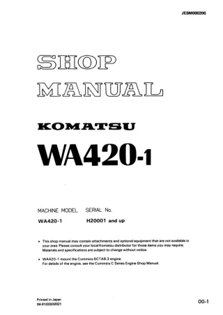 Komatsu WA420-1 Wheel Loader Service Repair Manual (SN H20001 and up)