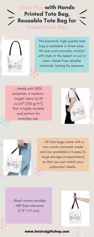 Love You with Hands Printed Tote Bag, Reusable Tote Bag for Valentine's Day