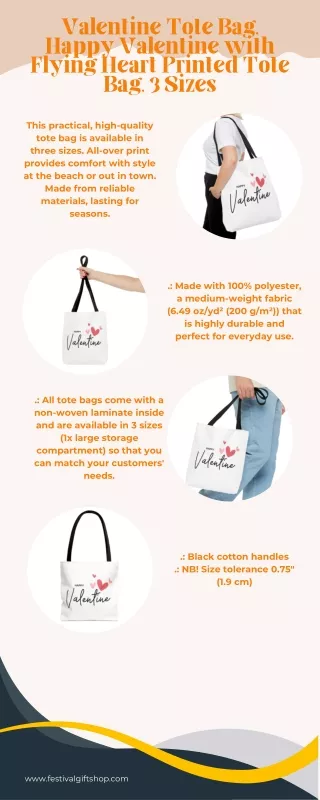 Valentine Tote Bag, Happy Valentine with Flying Heart Printed Tote Bag, 3 Sizes