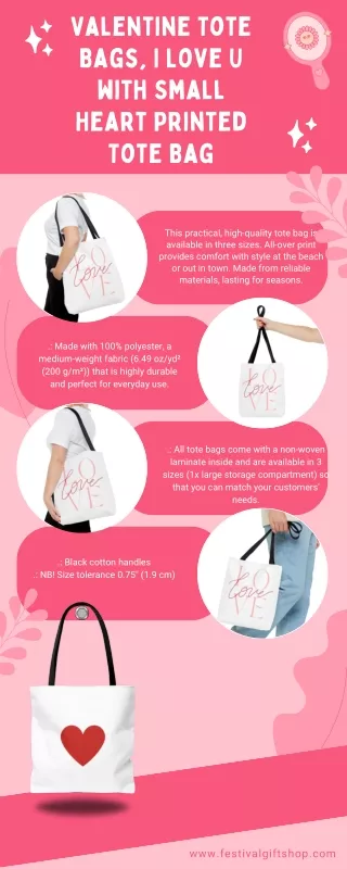 Valentine Tote Bags, I Love U with Small Heart Printed Tote Bag