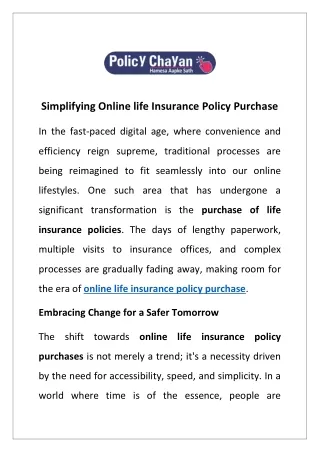 Simplifying Online life Insurance Policy Purchase