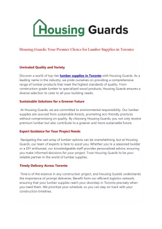 Housing Guards: Your Premier Choice for Lumber Supplies in Toronto