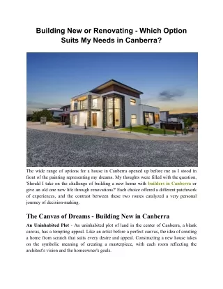 Building New or Renovating - Which Option Suits My Needs in Canberra