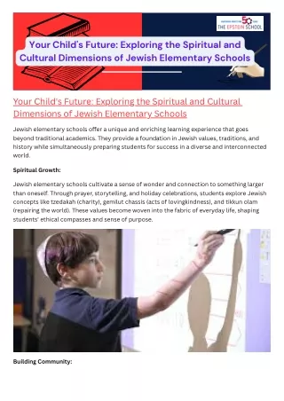 Your Child's Future Exploring the Spiritual and Cultural Dimensions of Jewish Elementary Schools