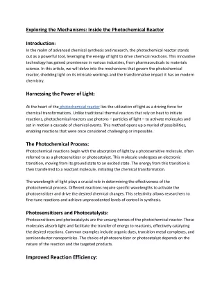 Exploring the Mechanisms: Inside the Photochemical Reactor