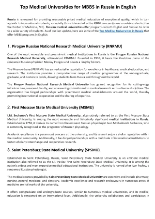 Top Medical Universities for MBBS in Russia in English