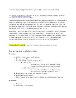 Endoscope Reprocessing Market Overview, Competitive Analysis and Forecast 2031