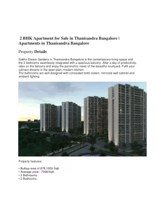 2 BHK Apartment for Sale in Thanisandra Bangalore