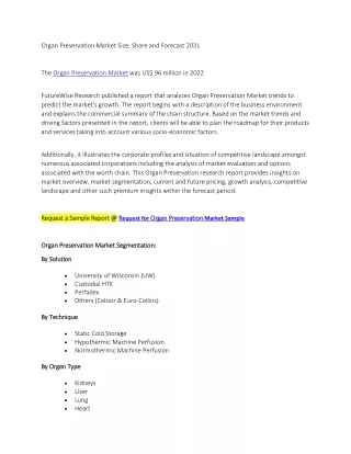 Organ Preservation Market Size, Share and Forecast 2031