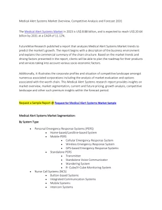Medical Alert Systems Market Overview, Competitive Analysis and Forecast 2031