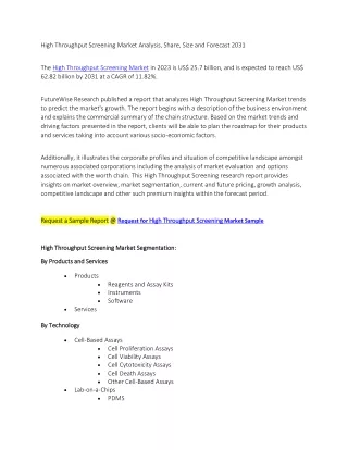 High Throughput Screening Market Analysis, Share, Size and Forecast 2031