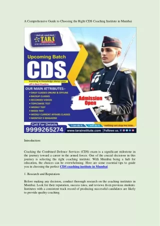 A Comprehensive Guide to Choosing the Right CDS Coaching Institute in Mumbai