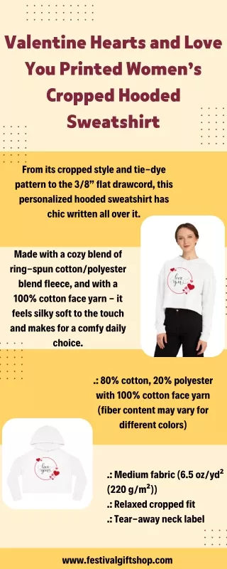 Valentine Hearts and Love You Printed Women’s Cropped Hooded Sweatshirt