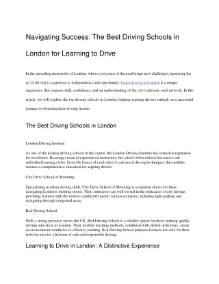 Navigating Success-The Best Driving Schools in London for Learning to Drive