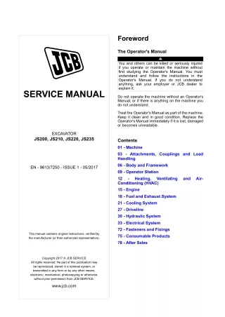 JCB JS235 EXCAVATOR Service Repair Manual SN 1783500 and up