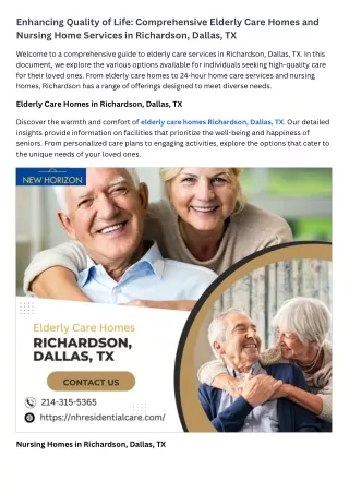 Enhancing Quality of Life Comprehensive Elderly Care Homes and Nursing Home Services in Richardson, Dallas, TX