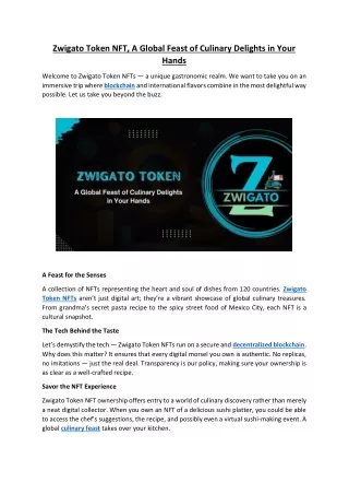 Zwigato Token NFT, A Global Feast of Culinary Delights in Your Hands