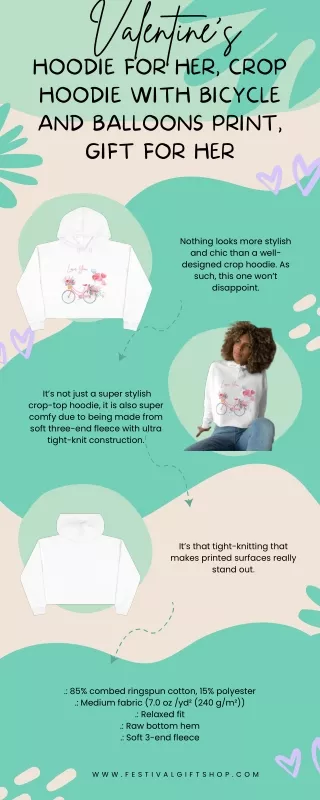 Valentine's Hoodie for Her, Crop Hoodie with Bicycle and Balloons Print, Gift for Her