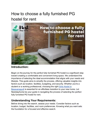 How to choose a fully furnished PG hostel for rent