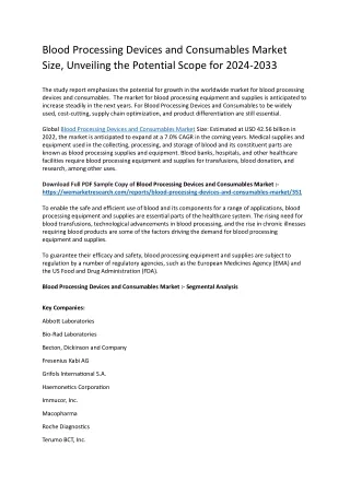 Blood Processing Devices and Consumables Market Size, Growth, trends 2024-2033