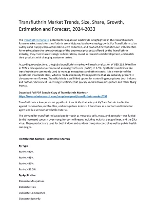 Transfluthrin Market Size, Unveiling the Potential Scope for 2024-2033