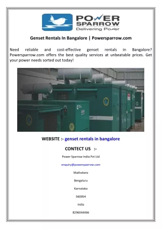 Genset Rentals In Bangalore  Powersparrow.com