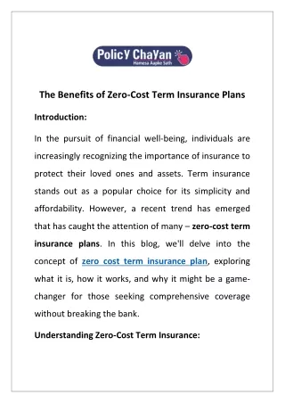 The Benefits of Zero-Cost Term Insurance Plans