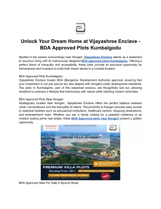 Unlock Your Dream Home at Vijayashree Enclave - BDA Approved Plots Kumbalgodu