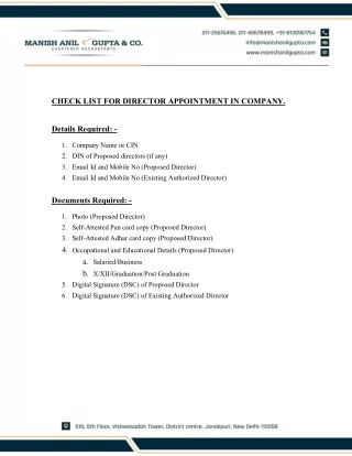 Check List for Director Appointment in Company