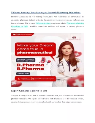 Pharmacy Admission Consultants in Delhi - Vidhyam Academy