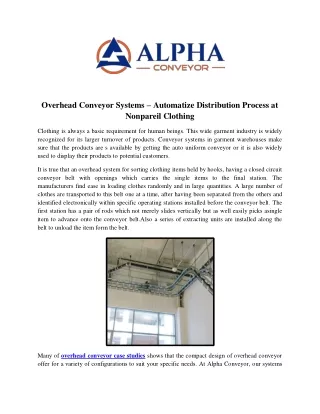 Overhead Conveyor Systems – Automatize Distribution Process at Nonpareil Clothin