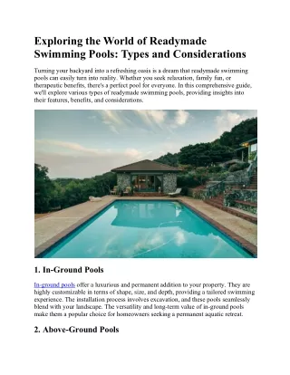 Exploring the World of Readymade Swimming Pools - Types and Considerations