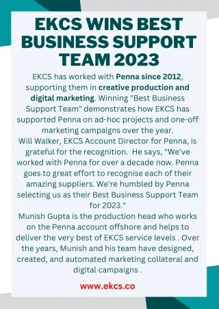 EKCS wins Best Business Support Team 2023