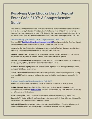 Resolving QuickBooks Direct Deposit Error Code 2107 A Comprehensive Guide