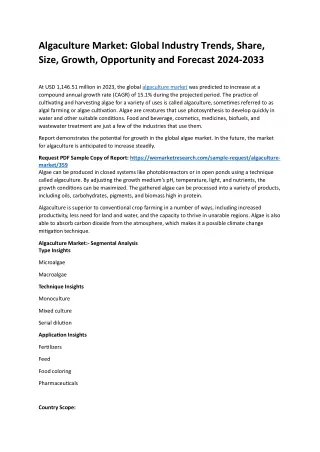 Algaculture Market Size, Unveiling the Potential Scope for 2024-2033