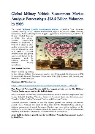 Military Vehicle Sustainment Market Analysis - Forecasting a $23.5 Billion Valuation by 2028