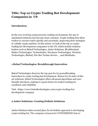 Top 10 Crypto Trading Bot Development Companies in US