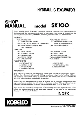 Kobelco SK100 Crawler Excavator Service Repair Manual (YW-2801 ～)