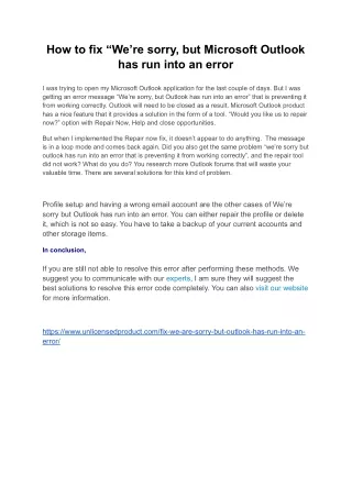 How to fix We’re sorry, but Microsoft Outlook has run into an error