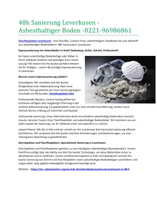 48h Sanierung Leverkusen - Asbesthaltiger Boden -0221-96986861