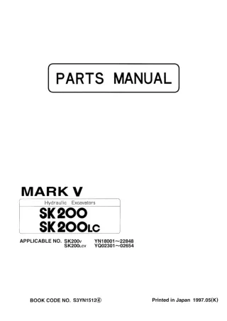 Kobelco SK200 Hydraulic Excavator Parts Catalogue Manual SN YN18001 to 22848