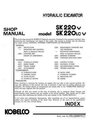 Kobelco SK200 V Crawler Excavator Service Repair Manual (LQ03301 ～, LL02301 ～)