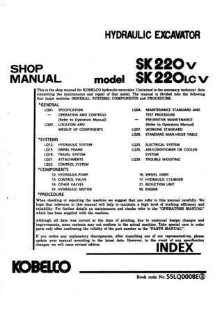 Kobelco SK200 V, SK200LC V Crawler Excavator Service Repair Manual (LQ03701～)