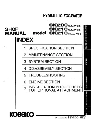 Kobelco SK200-6E, SK200LC-6E, SK210-6E, SK210LC-6E, SK210NLC-6E Crawler Excavator Service Repair Manual (YN08-33001 ～)