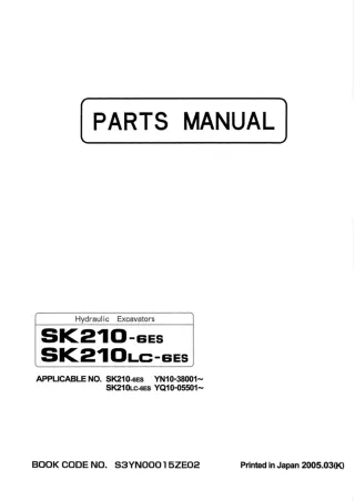 Kobelco SK210-6ES Hydraulic Excavator Parts Catalogue Manual SN YN10-38001 and up