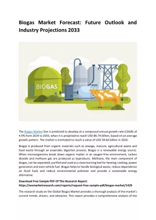 Biogas Market Forecast, Future Outlook and Industry Projections 2033