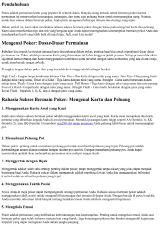 Rahasia Sukses Bermain Poker: Mengenal Kartu dan Peluang